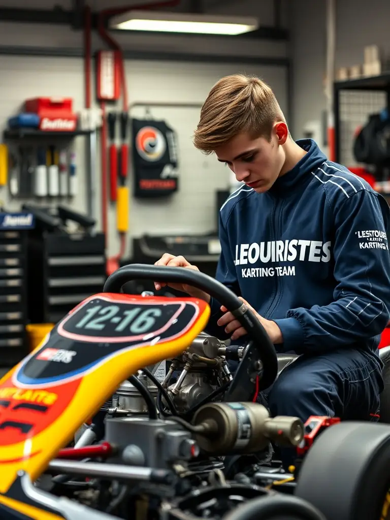 A LES TOURISTES KARTING TEAM member assisting with kart maintenance in the pit, emphasizing the technical skills learned in the program.