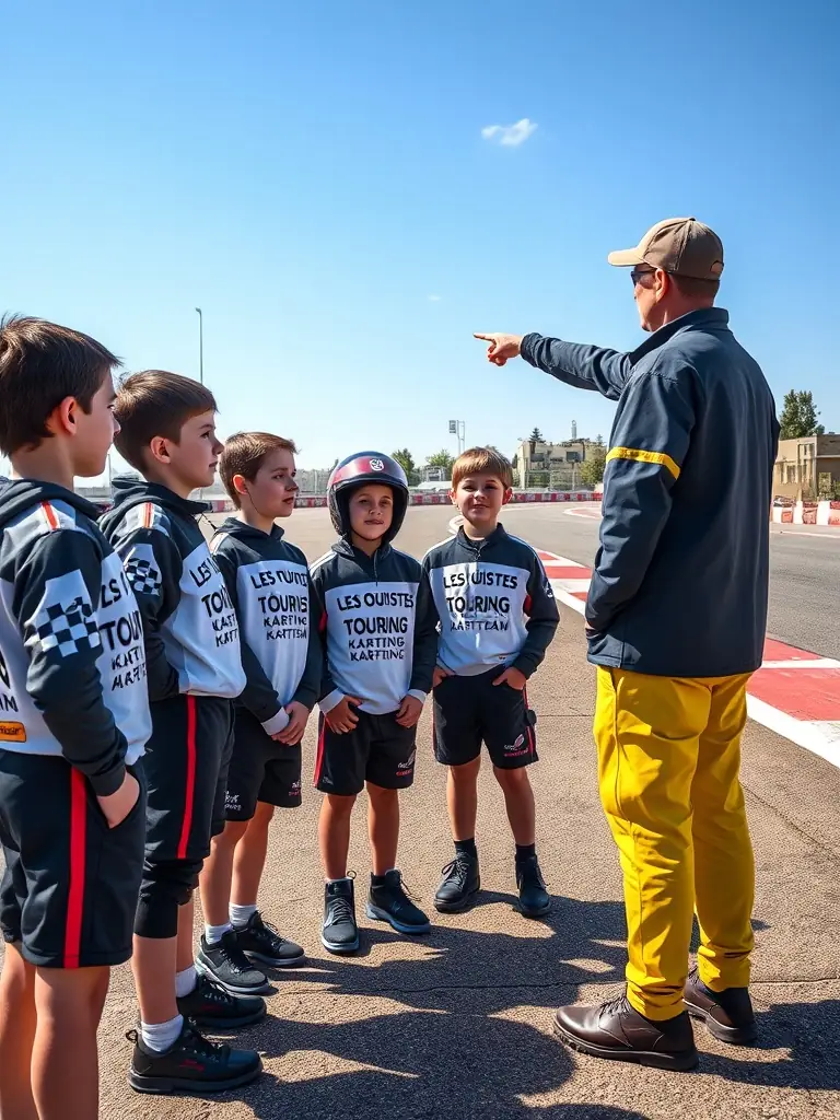 A group of young karters in LES TOURISTES KARTING TEAM gear receiving instructions from a coach before a race, showcasing the youth karting program.