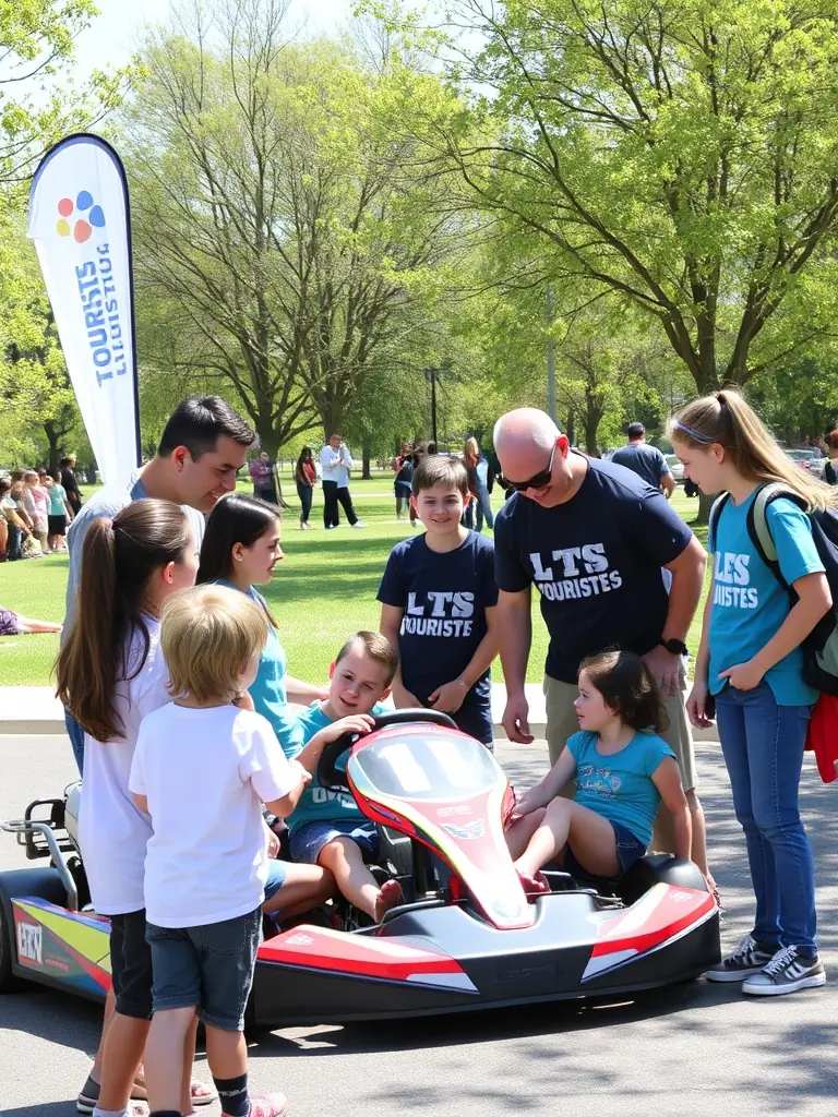 A community outreach event organized by LES TOURISTES KARTING TEAM, showing members engaging with local youth and promoting karting.