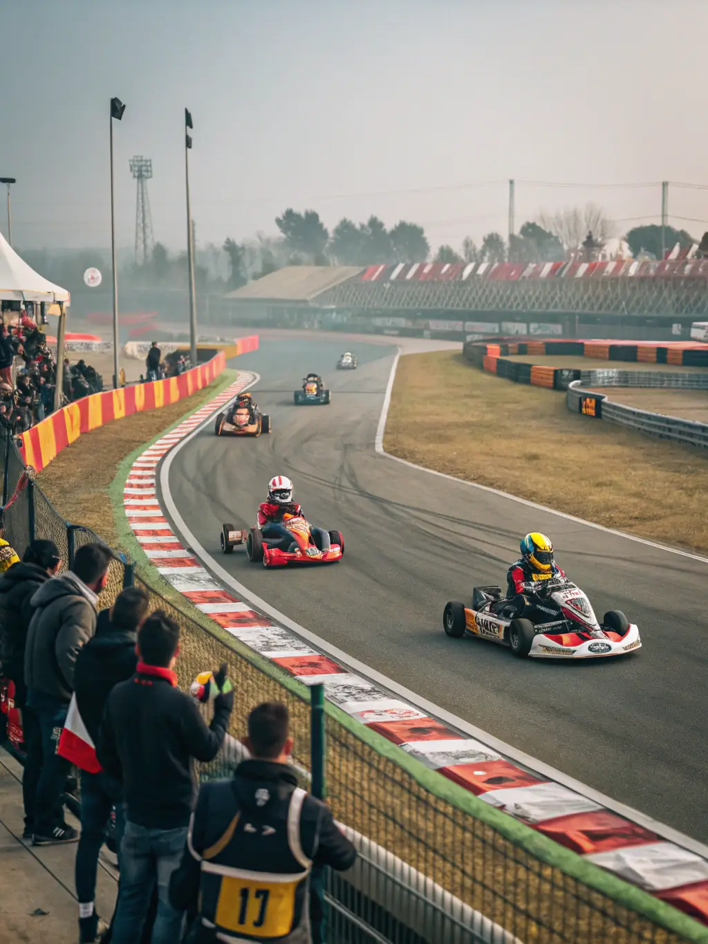 A kart race in full swing, with multiple karts battling for position on a challenging track, highlighting the competitive events.