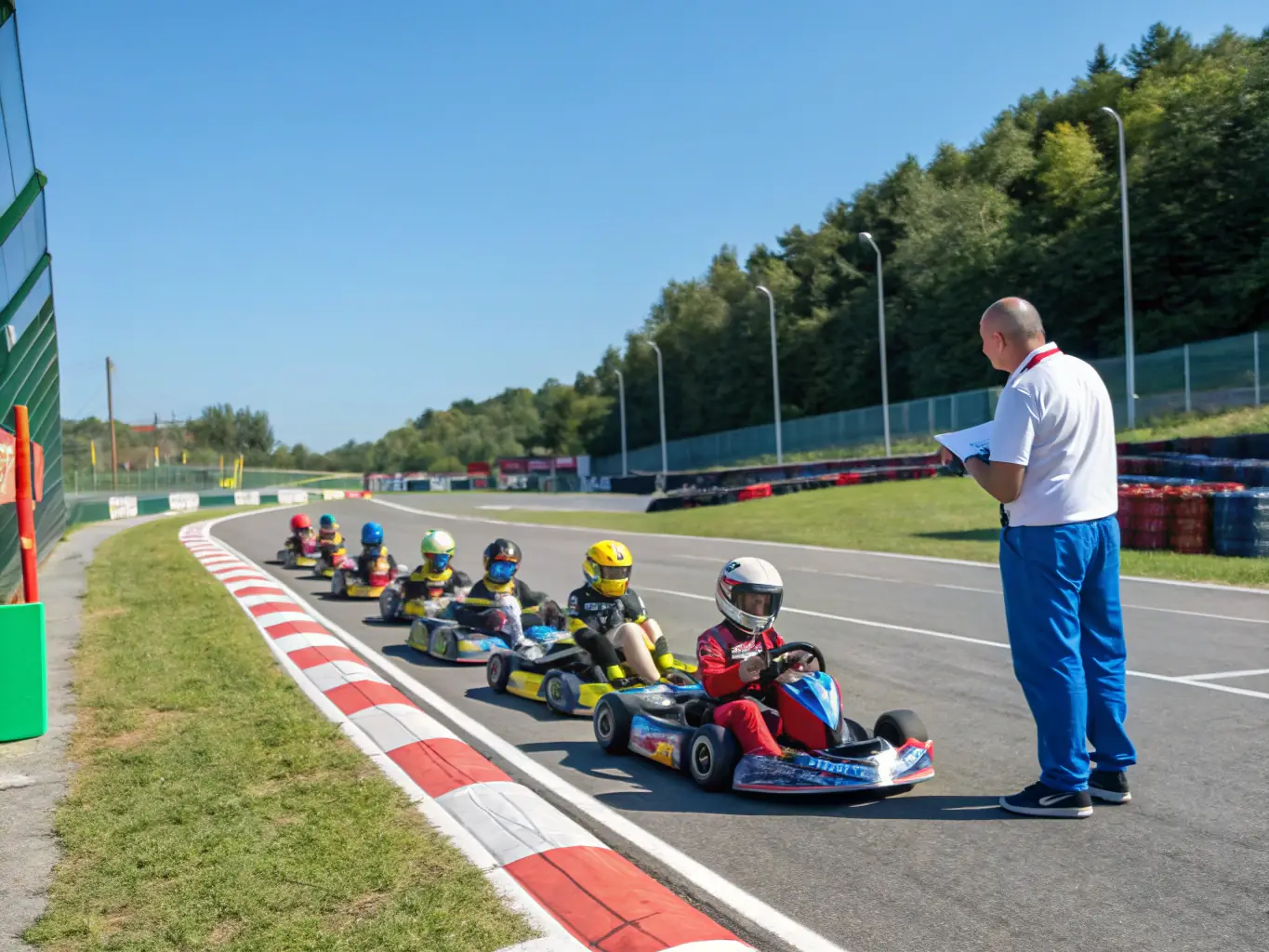 An image of young drivers in racing suits practicing on a karting track, with instructors guiding them and safety gear visible, representing the Youth Karting Programs.