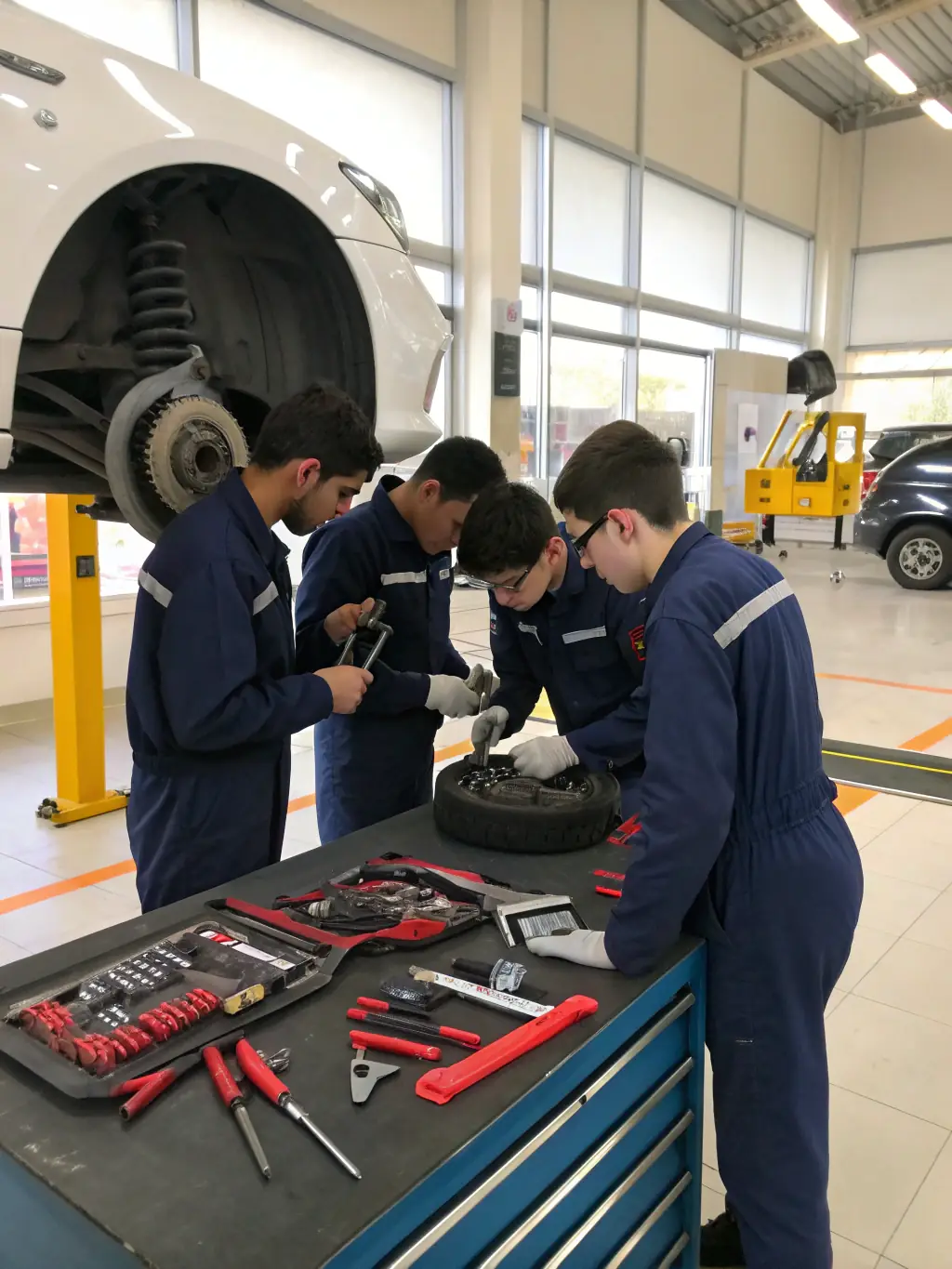 A group of young karters collaborating on kart maintenance, demonstrating teamwork and problem-solving skills.