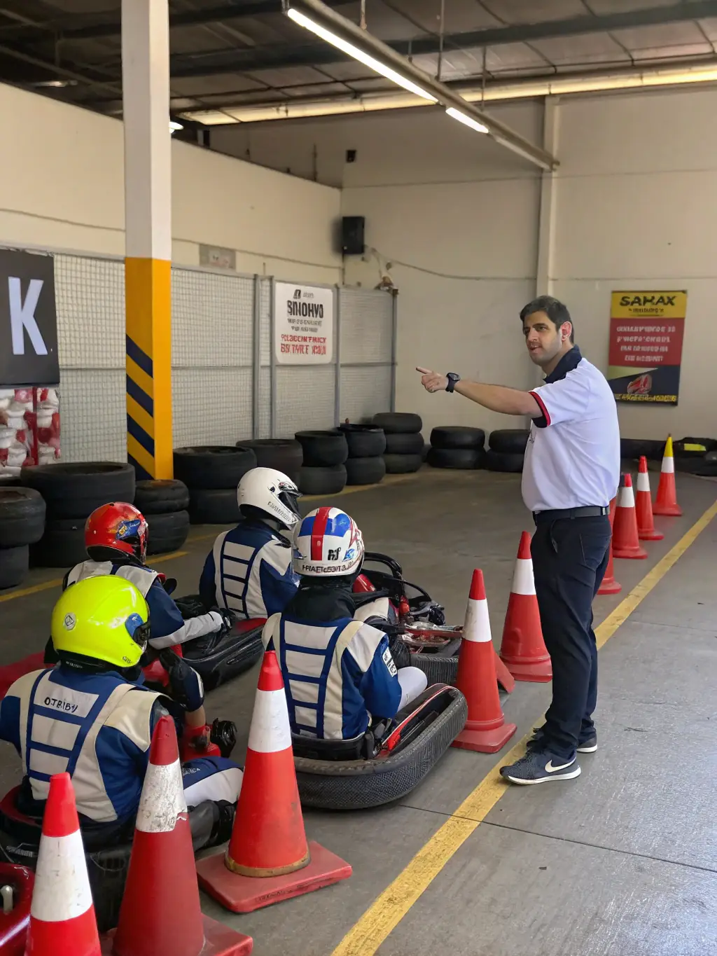 A driver receiving safety instructions from an instructor, emphasizing the importance of safety protocols in karting.