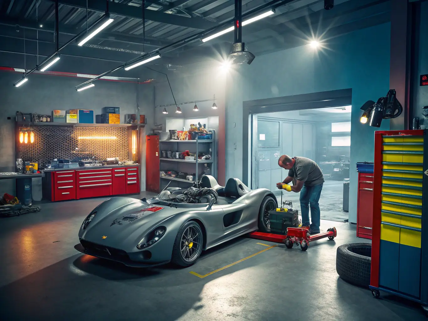 A dynamic image showcasing a karting team working together on vehicle maintenance and strategy planning, emphasizing teamwork and technical skills.