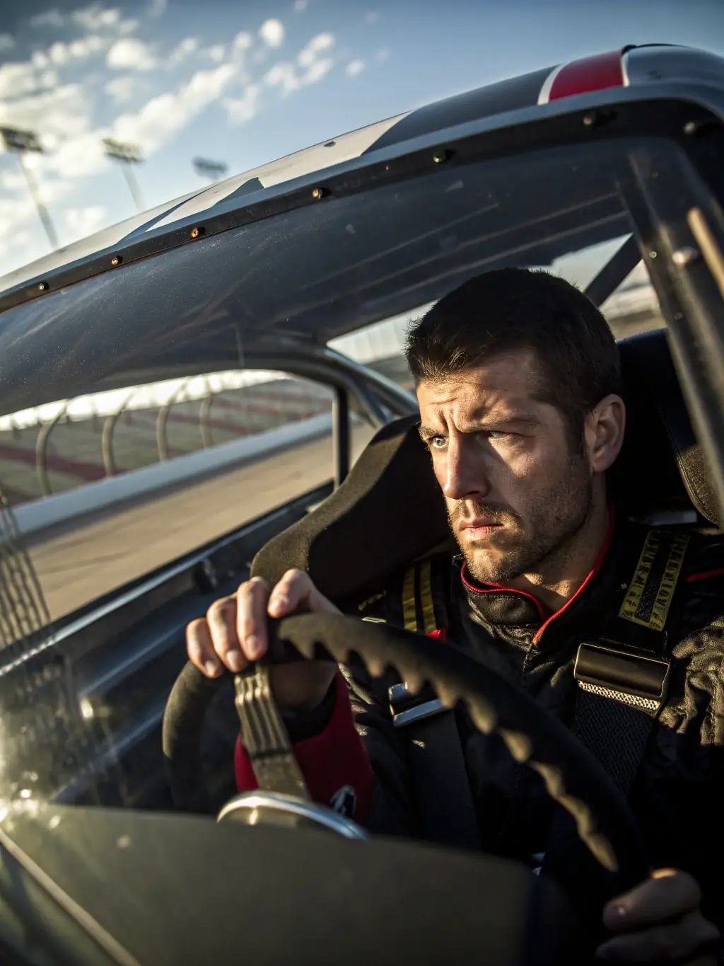 A close-up shot of a young driver's focused expression as they navigate a turn on the karting track, showcasing determination and skill.