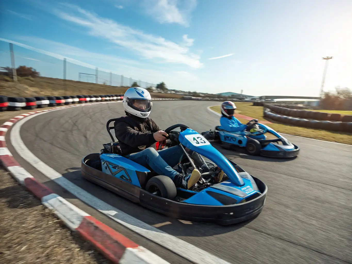 A karter in full racing gear speeding around a corner on the track, showcasing the thrill and excitement of competitive karting.