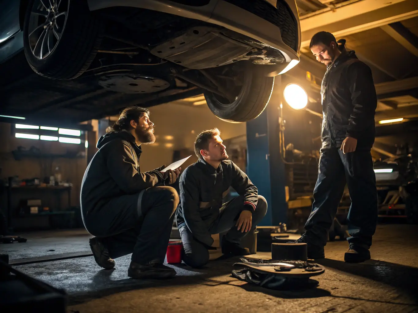 A group of team members working together in the pit, adjusting and maintaining a kart, highlighting the importance of teamwork and technical skills.