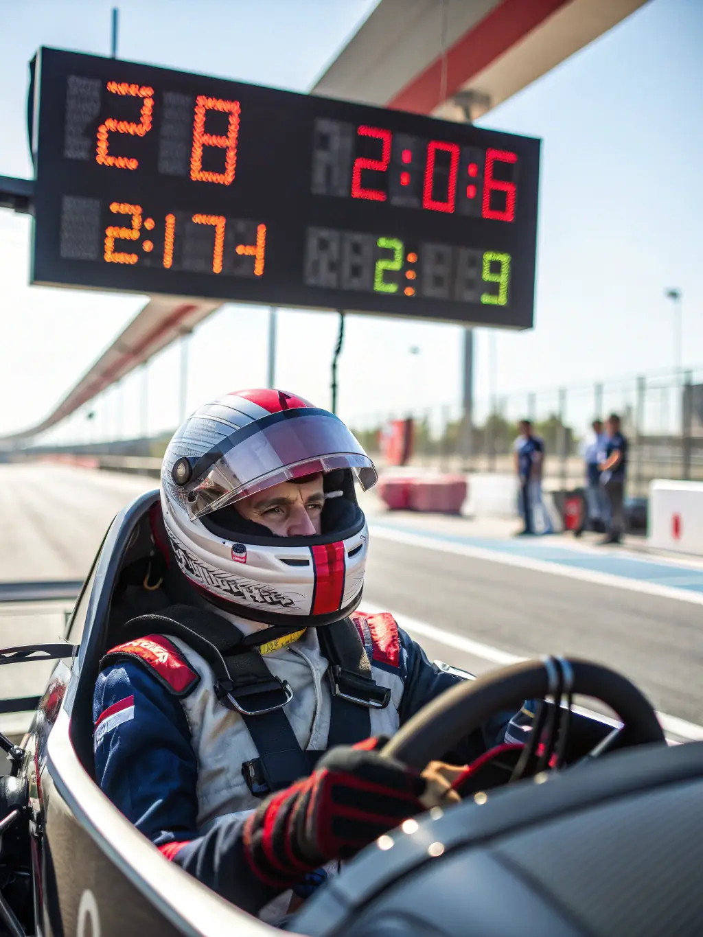 A driver receiving guidance from a coach, with data analysis equipment in the background, illustrating driver support and performance optimization.