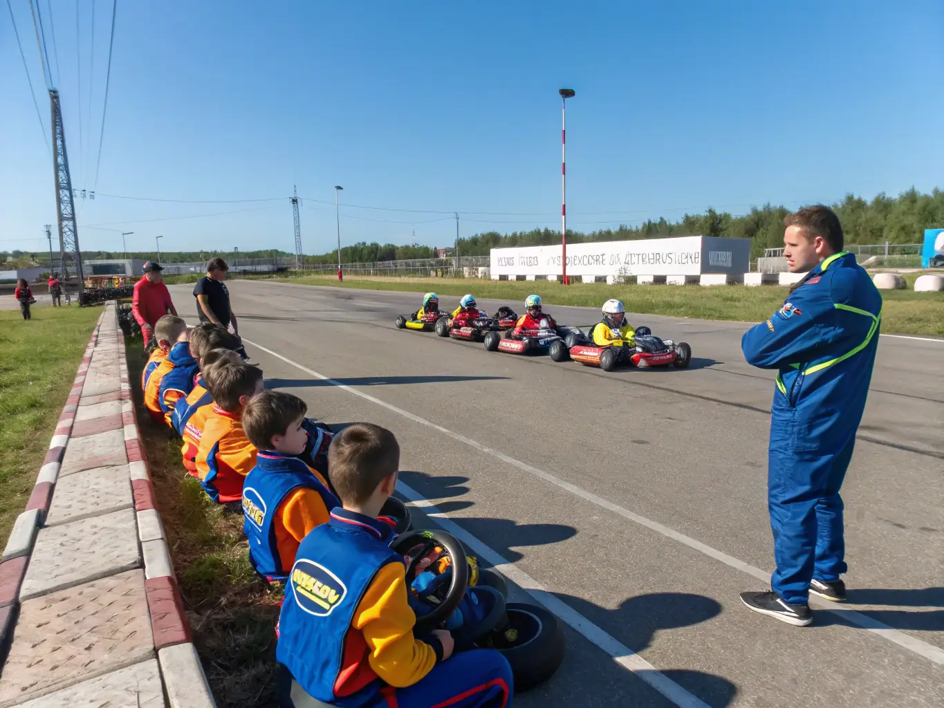 A group of young karters receiving instruction from a coach on a sunny day at the karting track, focusing on proper driving techniques and safety protocols.
