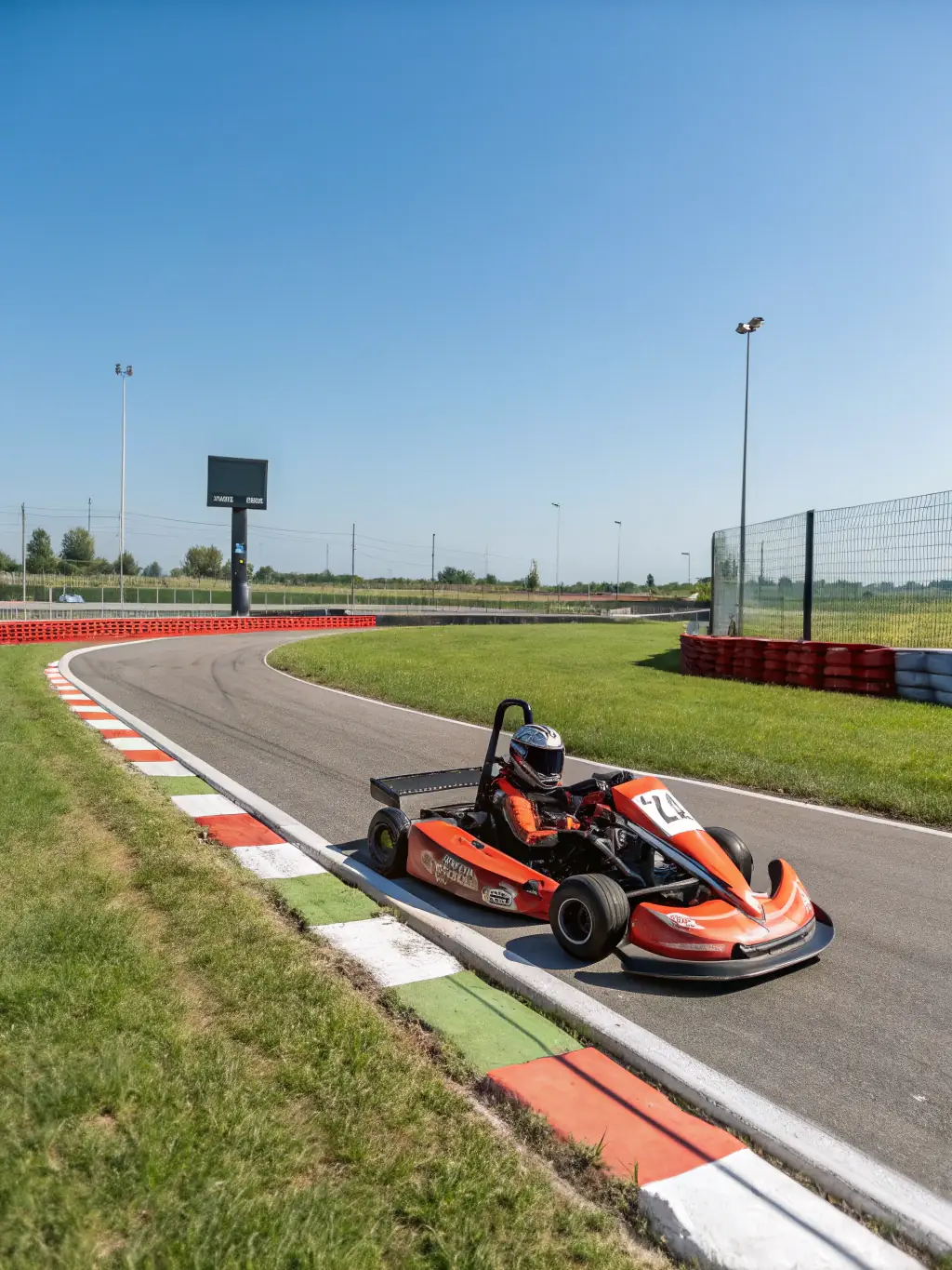 A young driver in a kart, focused and determined, navigating a turn on a sunny racetrack during a youth karting program session.
