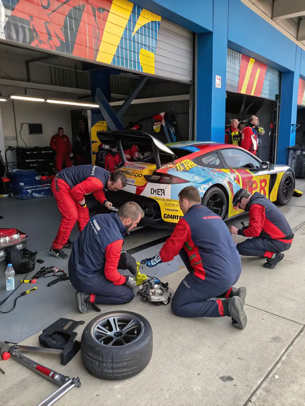 A group of team members working on a kart engine in a well-equipped garage, showcasing technical training and collaboration.